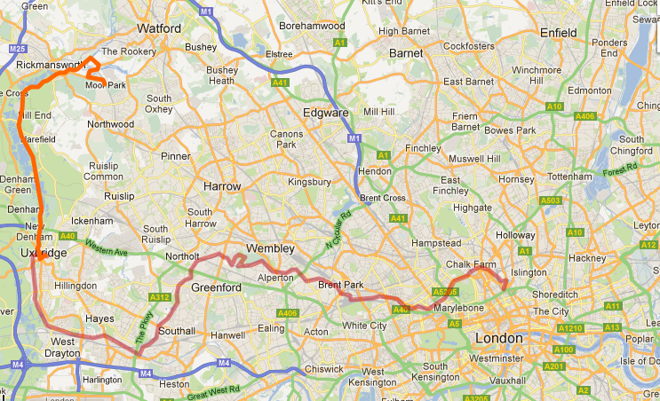 Map of the route - Uxbridge to Moor Park