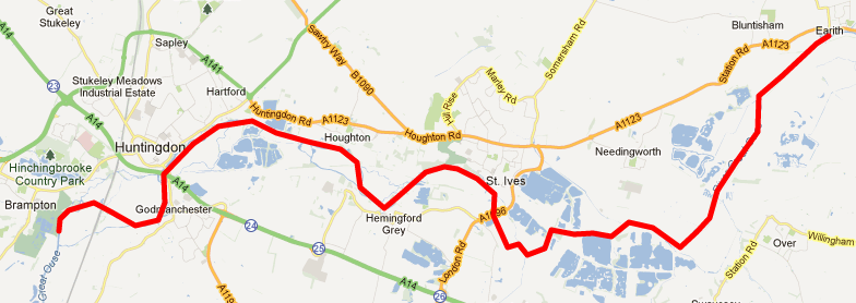 Route of the hike from Earith to Brampton (Cambridgeshire)