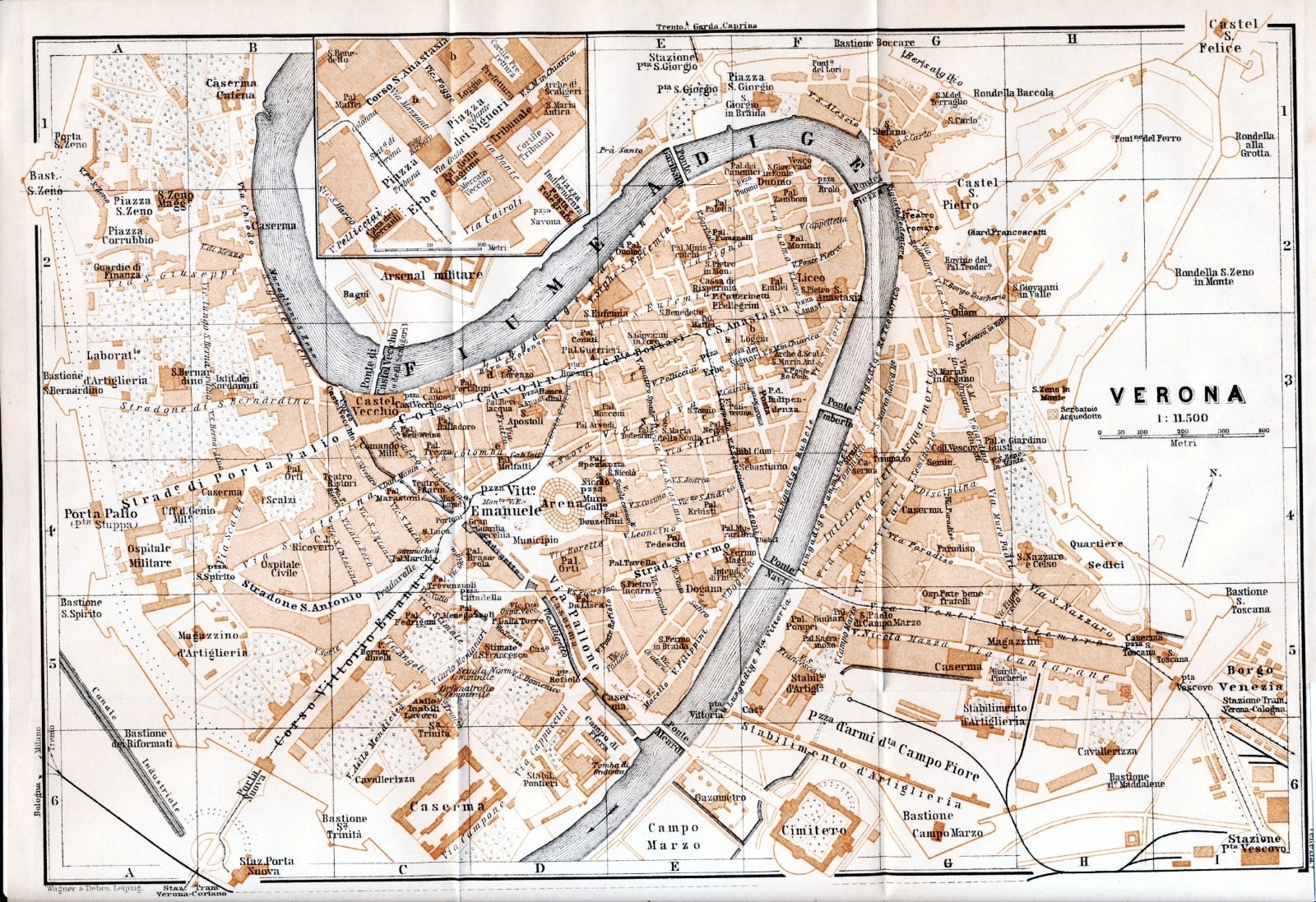 Historic 1908 map of Verona
