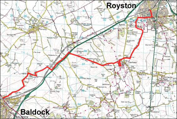 Map showing route from Royston to Baldock