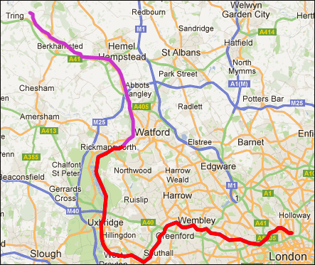Route map - Grand Union Canal hike, Moor Park to Tring